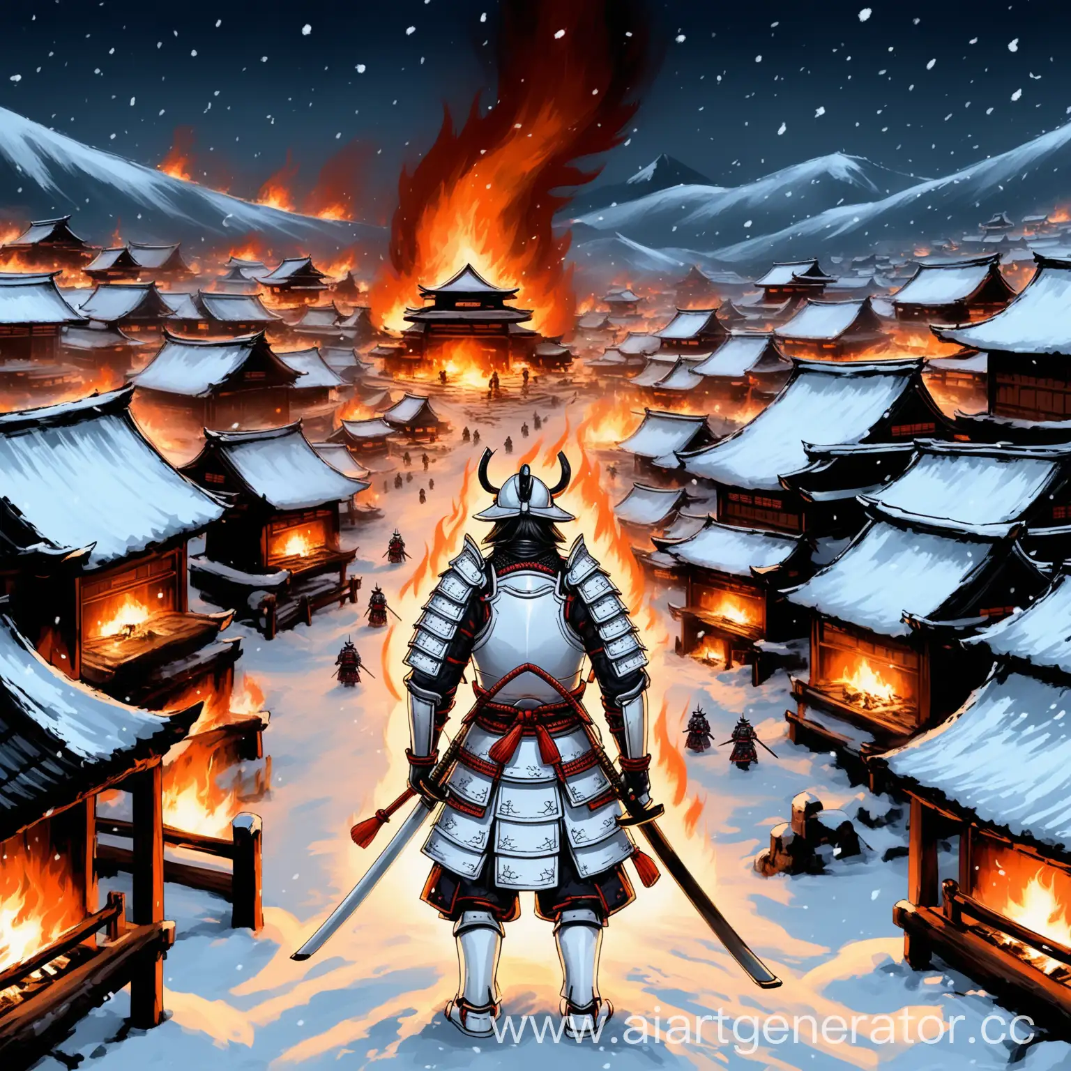 Samurai-in-White-Armor-at-Night-in-a-Burning-Village