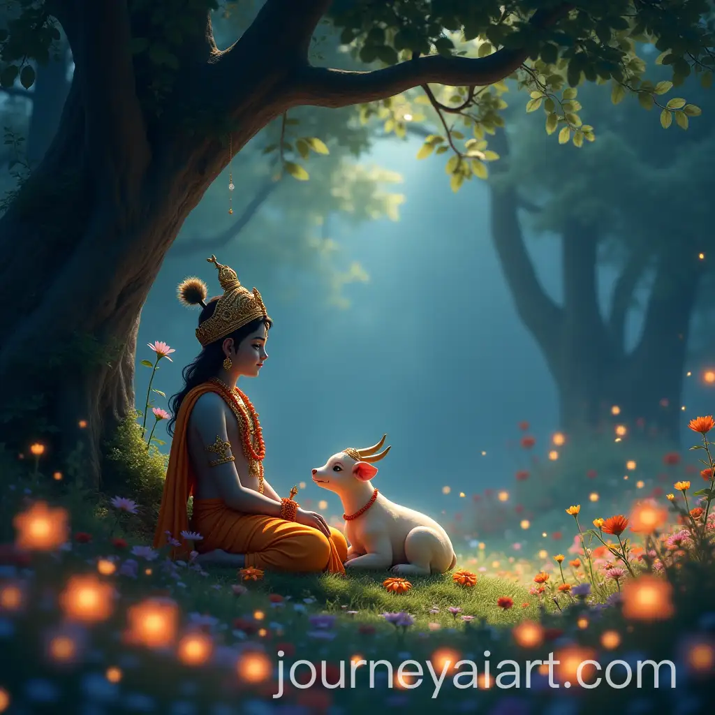 HyperRealistic-Lord-Shree-Krishna-with-Calf-in-Enchanted-Garden