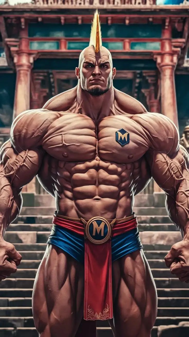 Powerfully muscled, hugely ripped, 24-years old-old musclegod superhero with a wide, angular, golden Mohawk stands reverently.