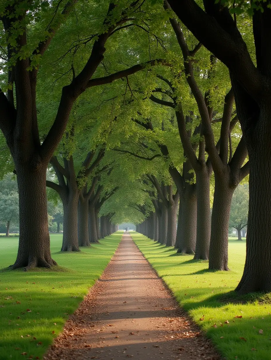 cozy park, oak trees, path