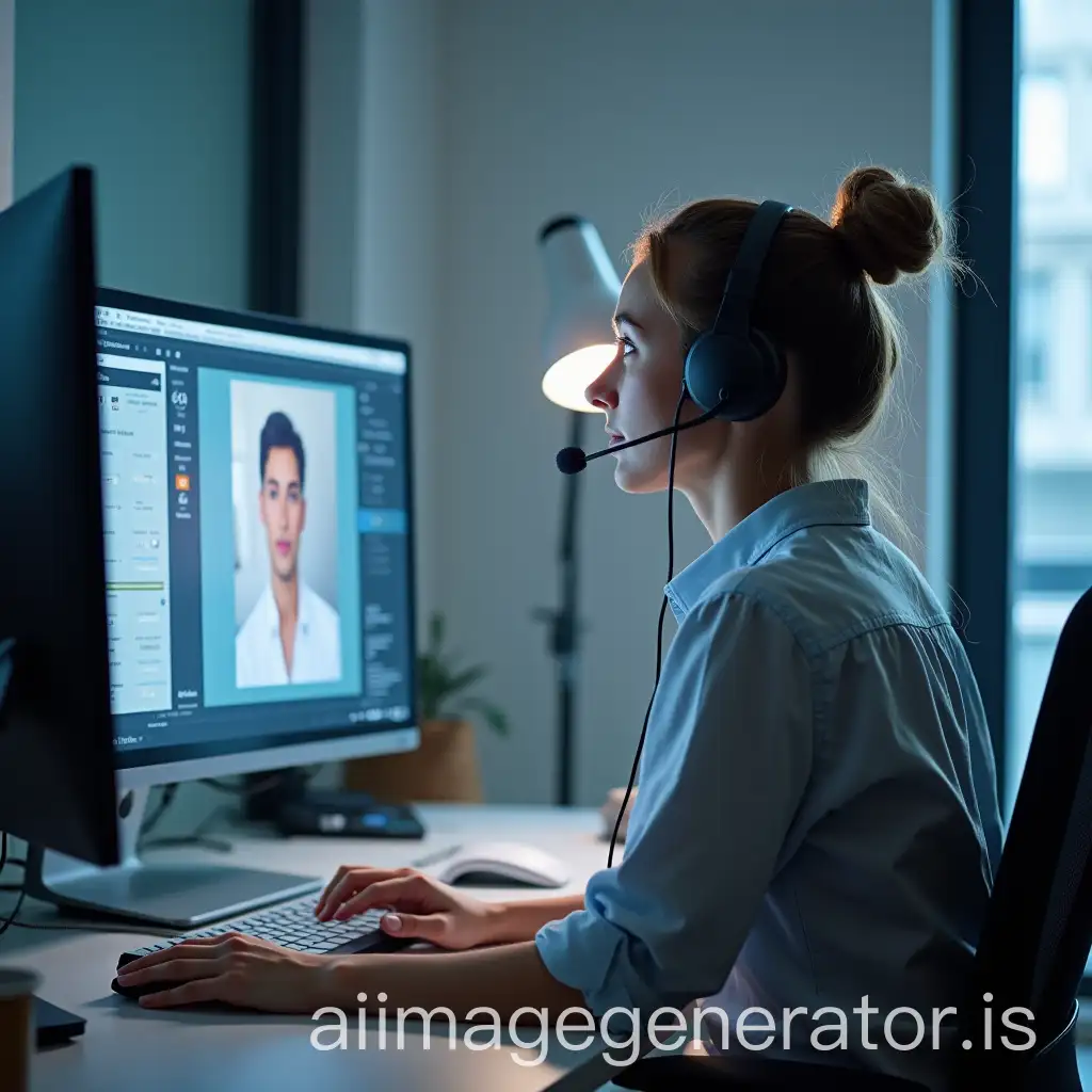 White-Woman-Analyzing-Conversations-at-a-Modern-Call-Center-with-Headset