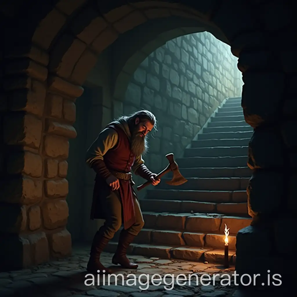 Medieval-Fantasy-Adventurer-Collapsing-in-Dungeon-Stairwell-Due-to-Wound