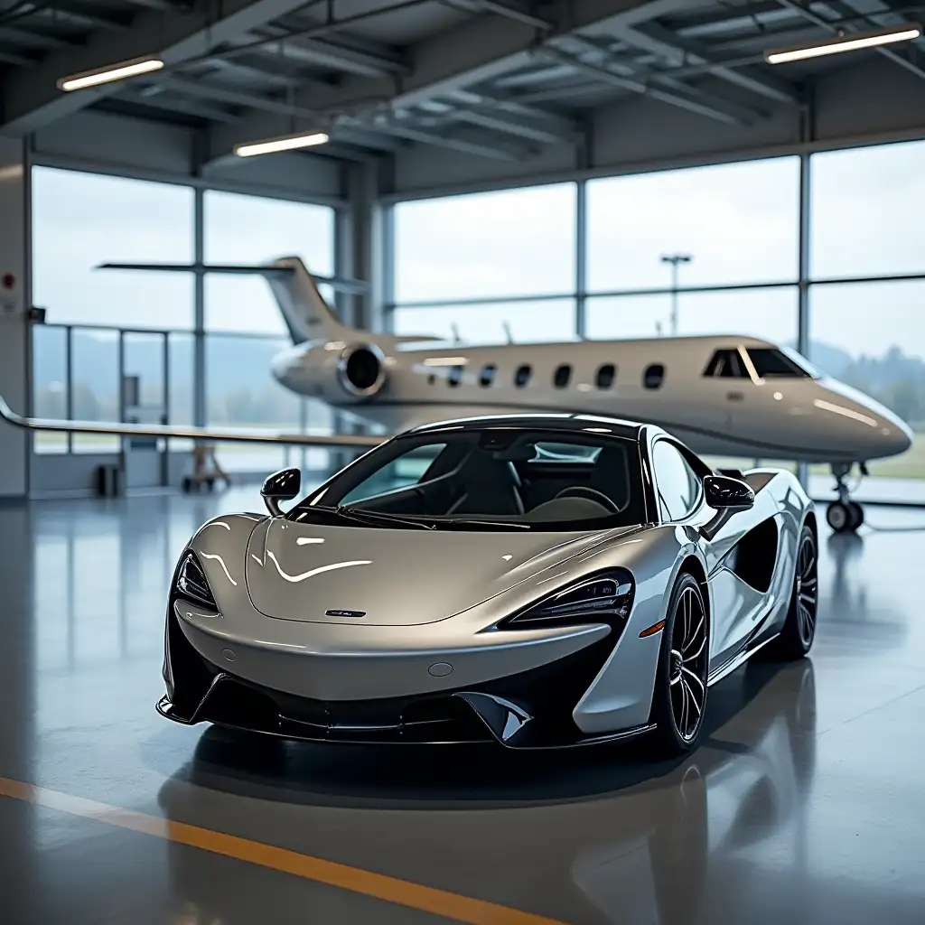 A Maclaren car color is gray and his is in airport warehouse and his behind a private jet and his left and right side Mercedes with black color