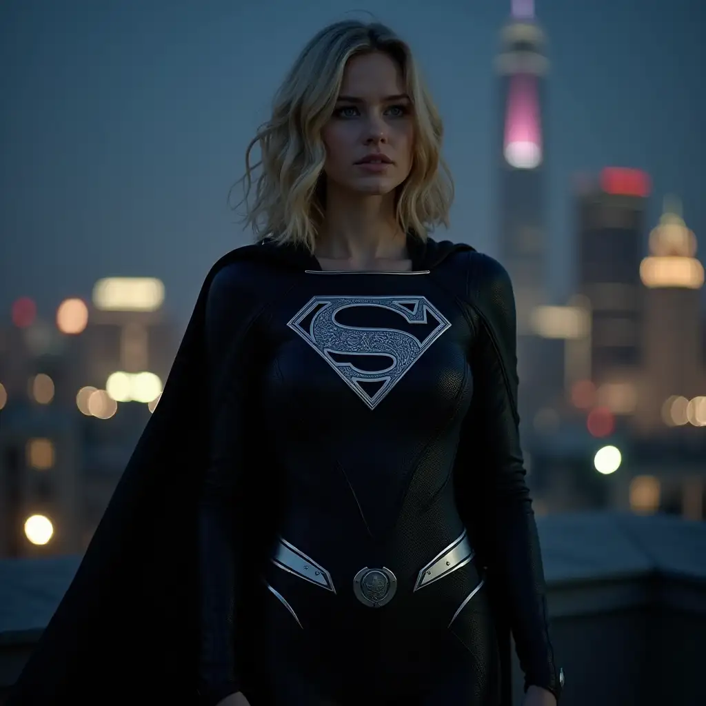 Milly-Alcock-as-Kara-ZorEl-in-Sleek-Supergirl-Suit-with-Kryptonian-Glyphs-on-Metropolis-Rooftop-at-Night