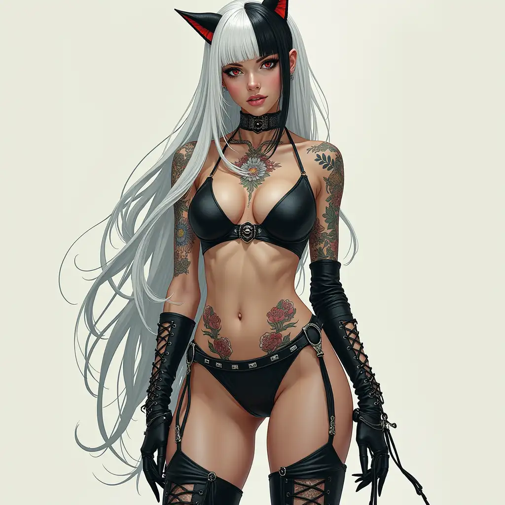 Depiction of a beautiful white woman mistress with tattoos and long mixed white-black hair in a futuristic style and laced boots leg stockings