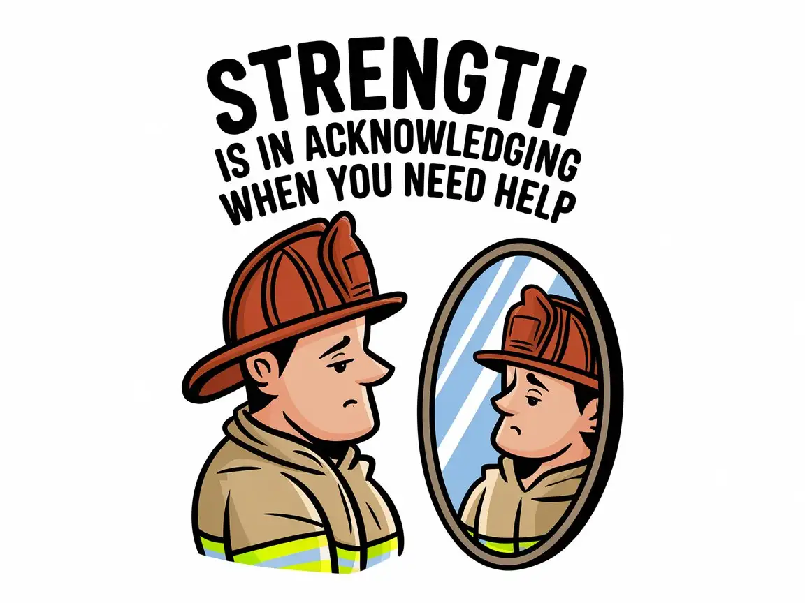 Cartoon Firefighter Reflecting Strength and Vulnerability