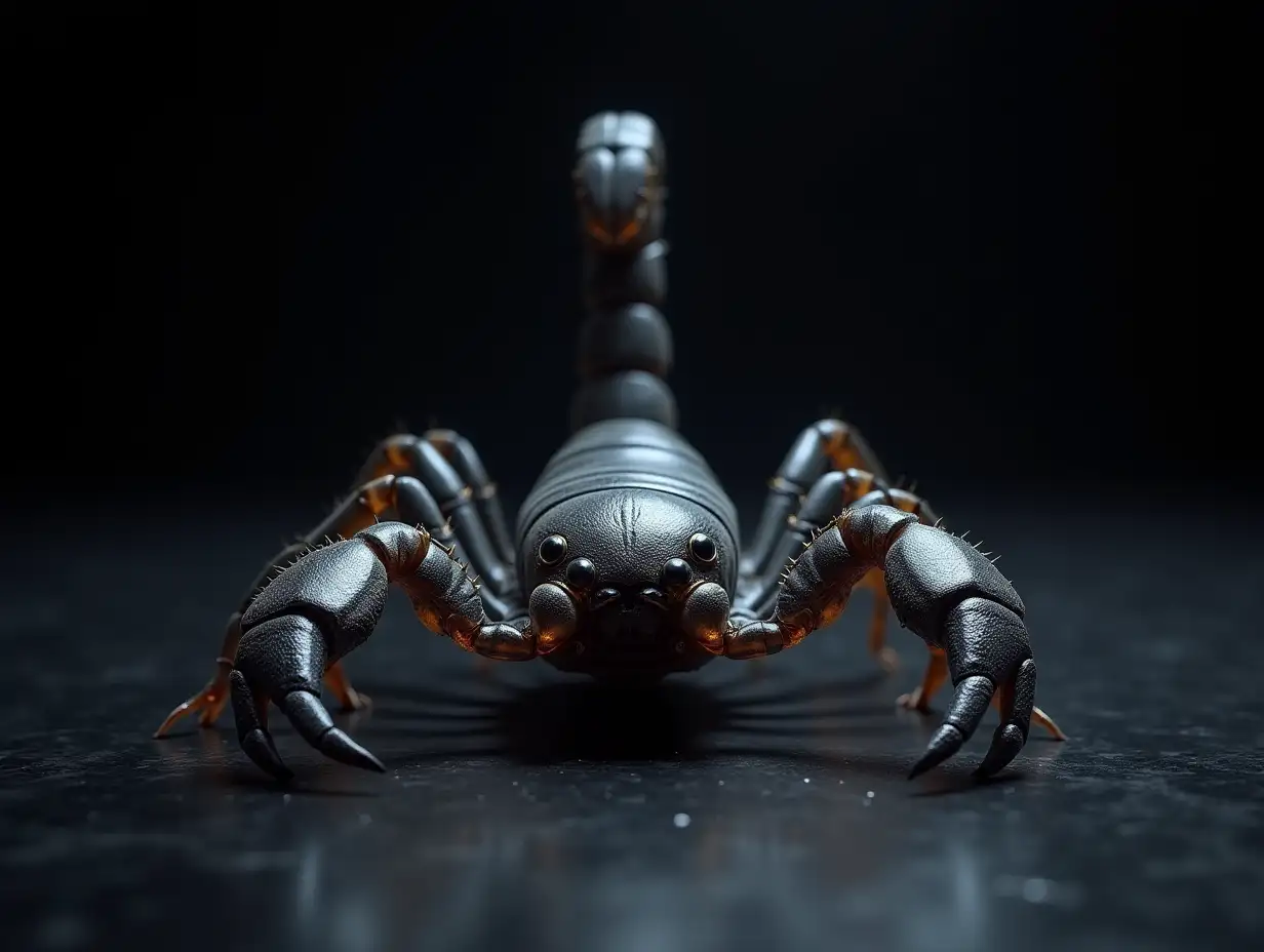 studio shot, Animated Glowing, 4k photorealistic picture, black and grey scorpion, front view