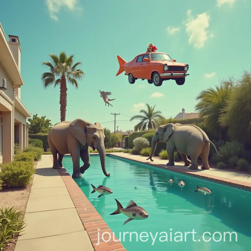 Flying-Car-and-Walking-Fish-on-a-Sidewalk-with-Swimming-Elephants-in-a-Pool