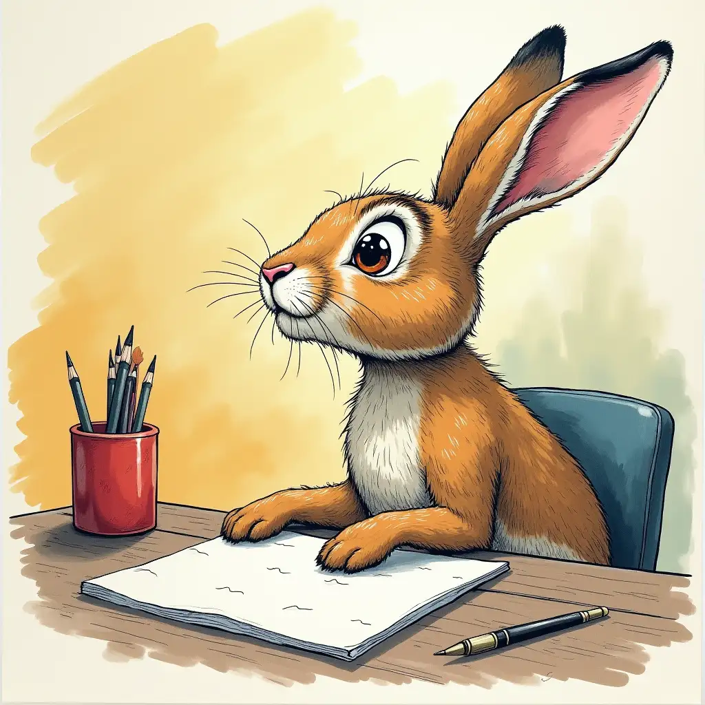 The hare is sitting at the table, a sheet of paper in front of him, his eyes raised to the ceiling, drawing in colored ink