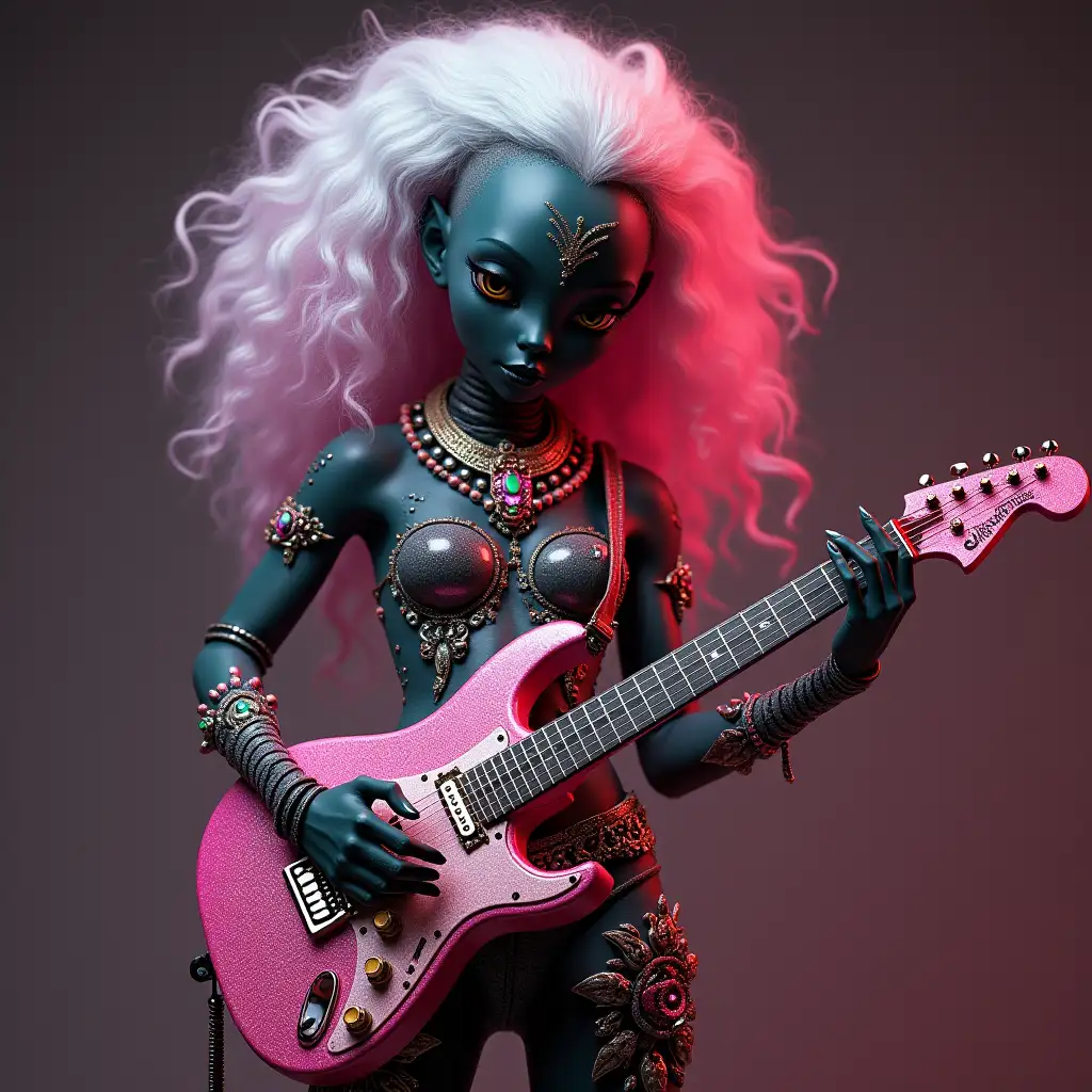 Hyperrealistic full body of a beautiful black alien woman with silver hair and pink curls playing on a ruby e-guitar with intricately detailed, colorful and futuristic jewelry against a background