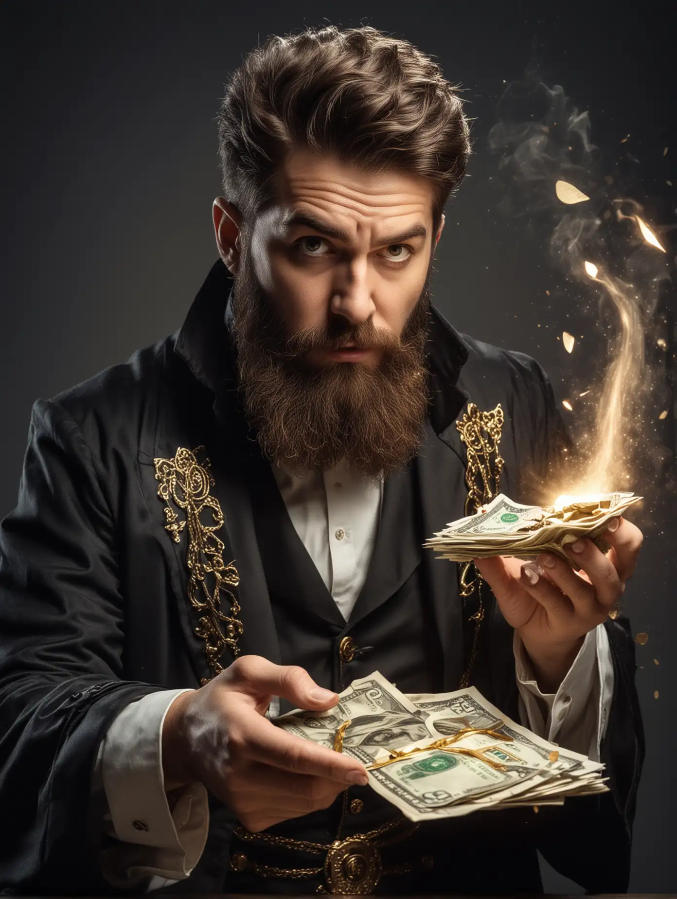 Bearded-Magician-Conjuring-Gold-and-Money-in-Heroic-Pose