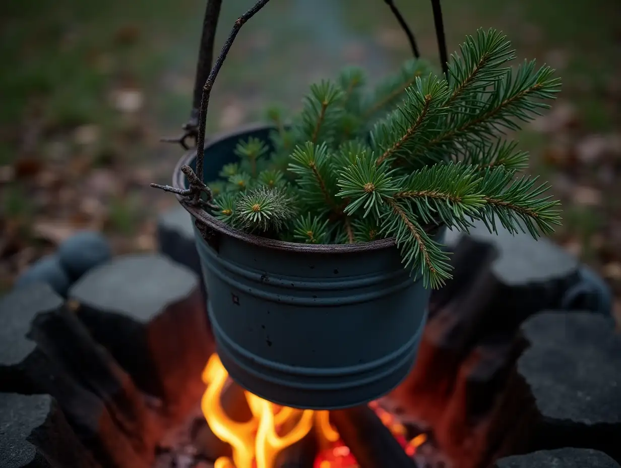 branches of pine in a full bucket of water. the bucket is hung above the fire.