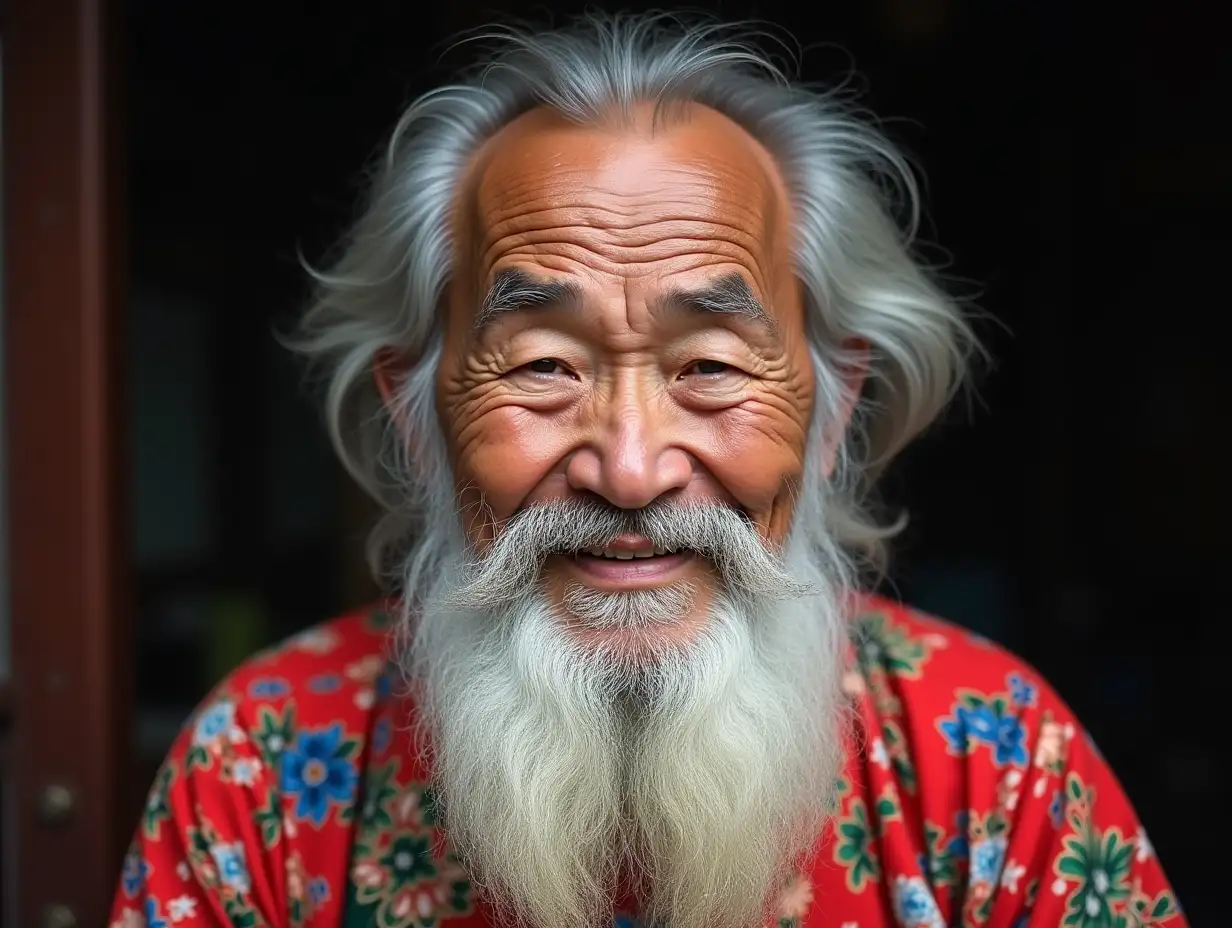 An old Chinese man with a long white beard and gray hair, wearing a colorful traditional Chinese shirt. His face is full of wrinkles that reflect his wisdom and life experiences. He keeps a warm smile, and his eyes reflect the wisdom of the years.