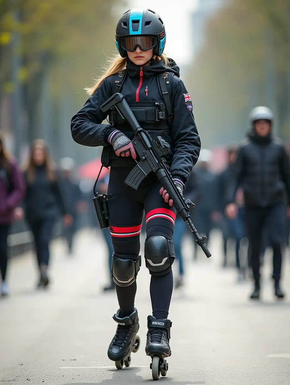 a 17 year old airsoft geared woman at a distance, she is skating on a street, holding a weapon, ordinary people in background, clothes have racing colors, she is wearing lots of functional sportswear, cycling gloves, airsoft helmet with transparent visor over eyes, smartwatch, thick plastic knee pads, modern inline skates with complete organized wheels