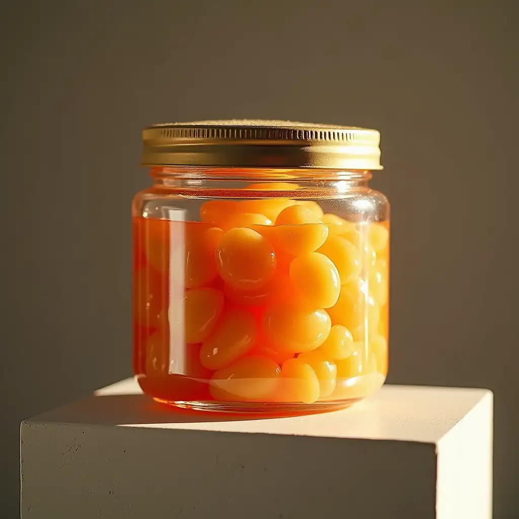 A jar of shchi on a pedestal. Light reflections are playing on it.