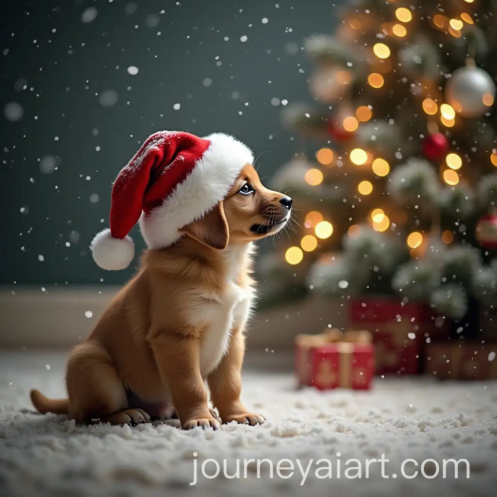 Puppy-with-Santa-Hat-Sitting-in-Front-of-Christmas-Tree-on-Snowy-Winter-Day