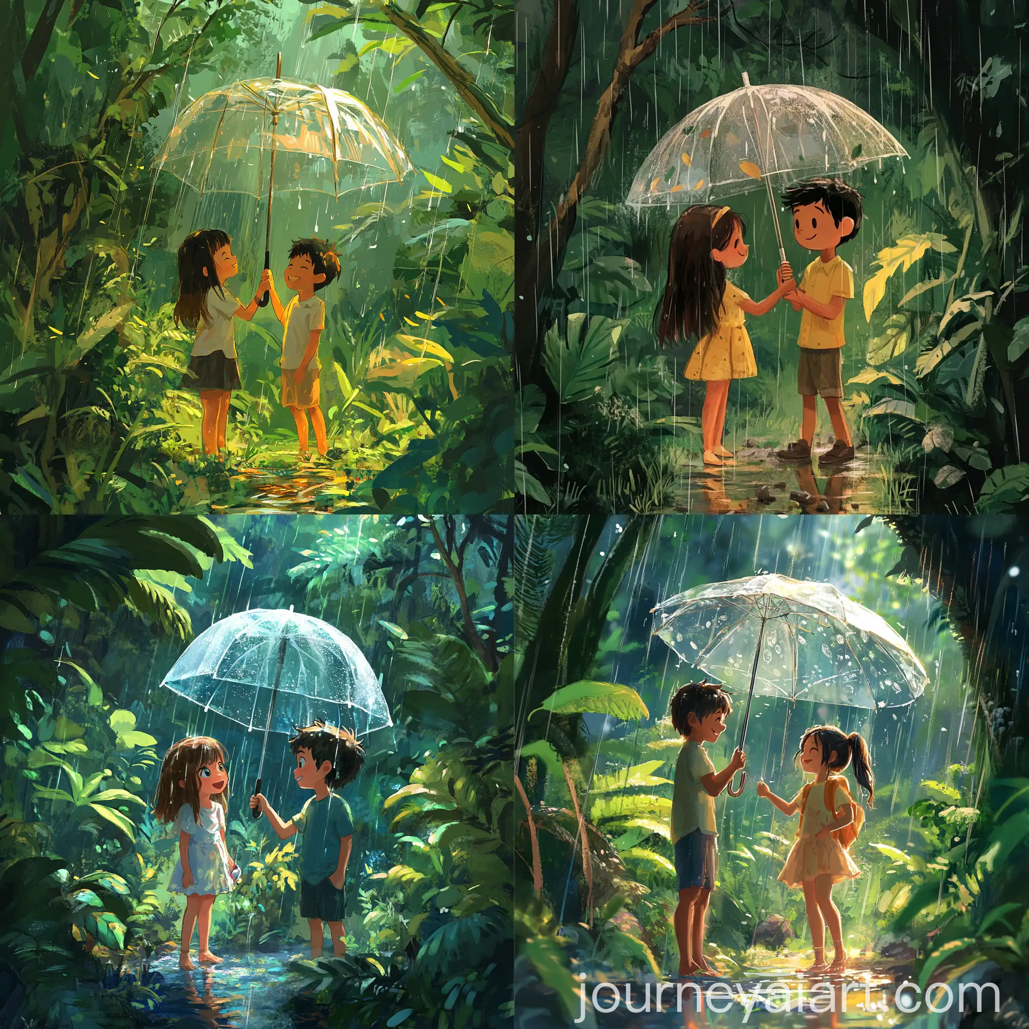 Children-Smiling-in-Rain-with-Transparent-Umbrella-and-Lush-Green-Trees
