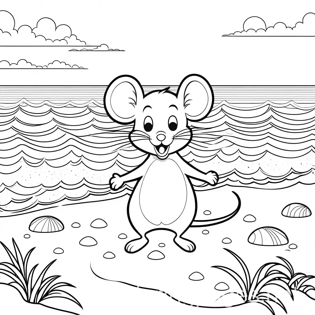 a happy mouse on the beach, Coloring Page, black and white, line art, white background, Simplicity, Ample White Space. The background of the coloring page is plain white to make it easy for young children to color within the lines. The outlines of all the subjects are easy to distinguish, making it simple for kids to color without too much difficulty