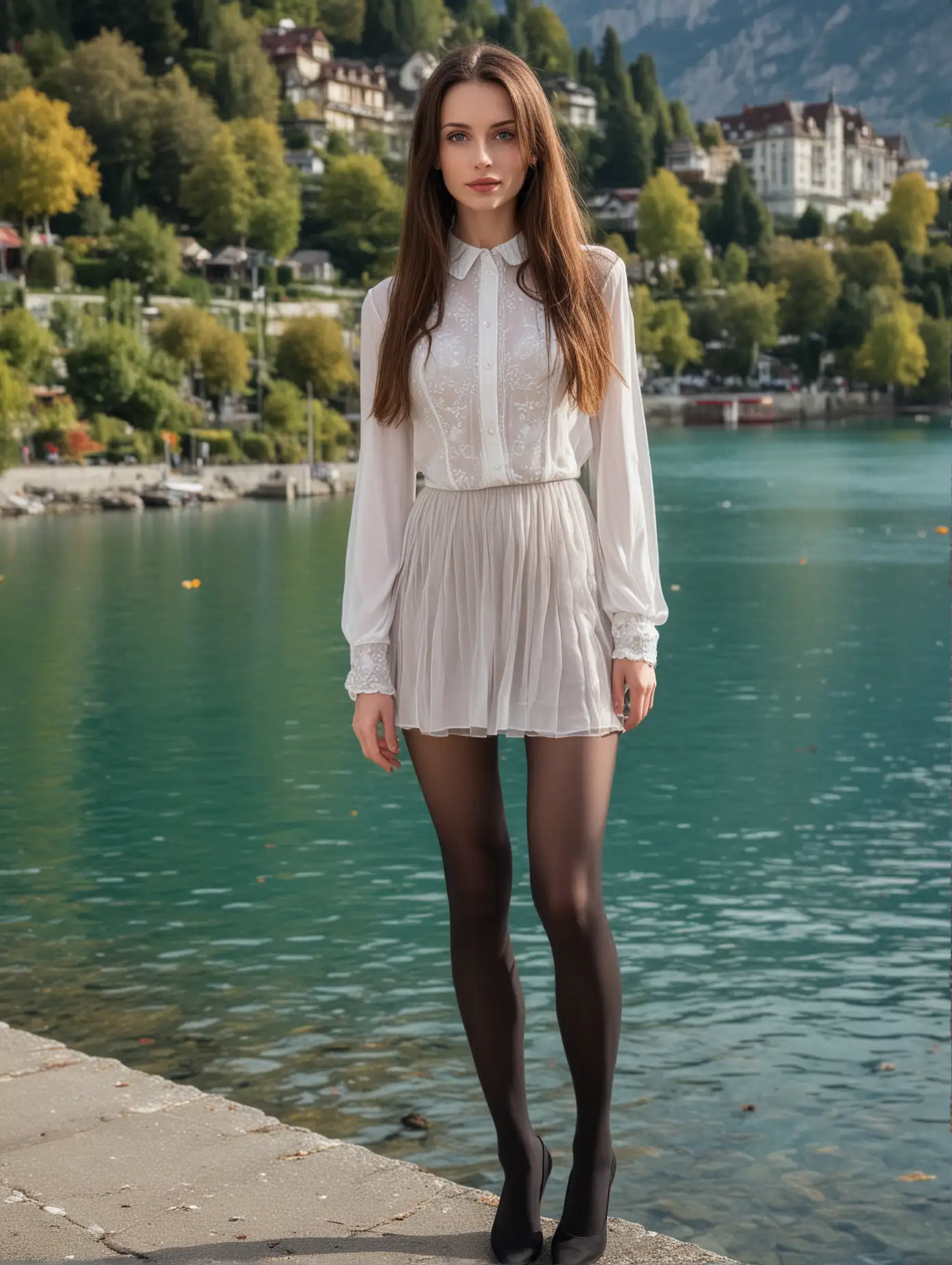 Elegant-Brunette-Woman-in-Stylish-Outfit-by-Lake-in-Montreux-Switzerland