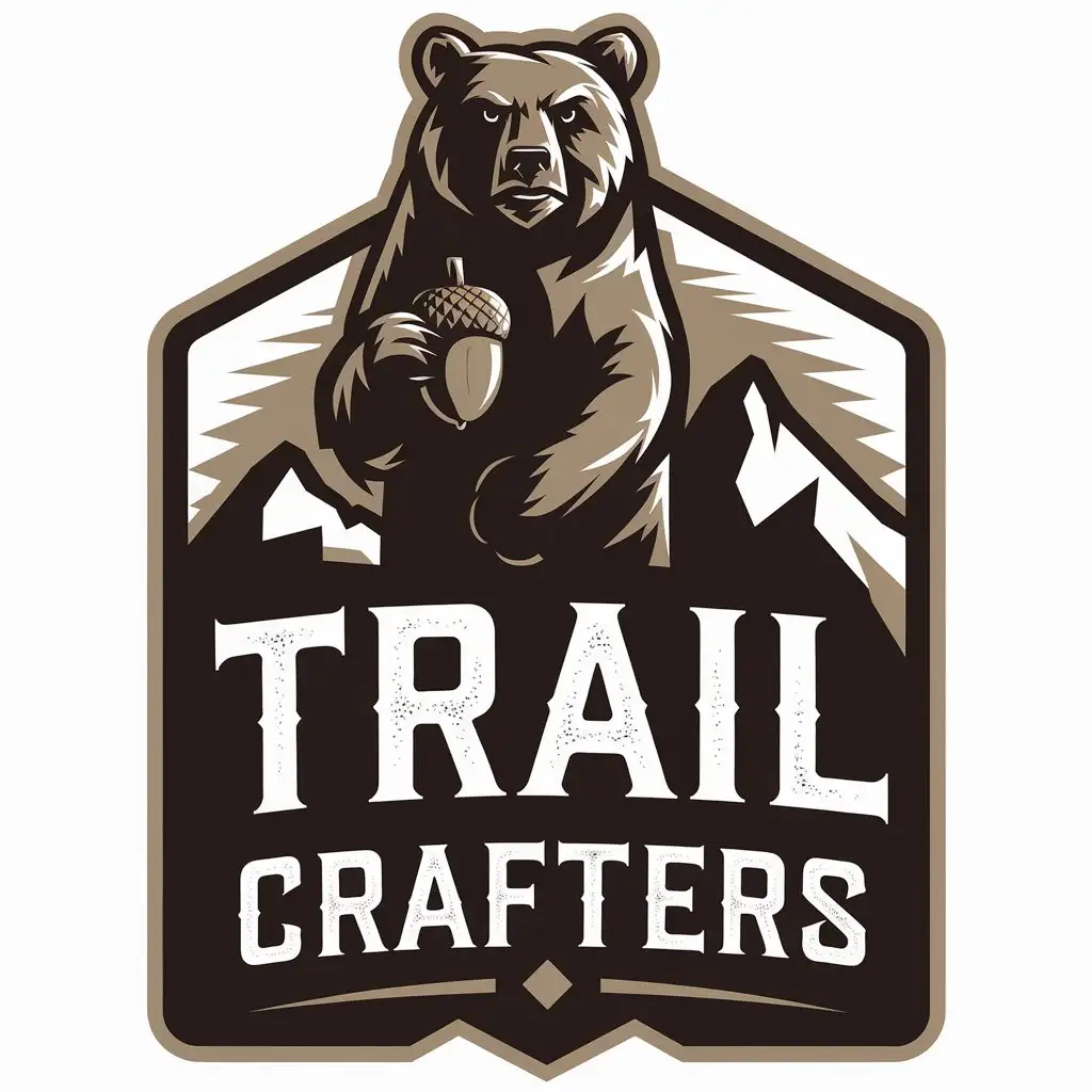 LOGO Design for Trail Crafters Bear Acorn and Mountain Theme with Clear Background