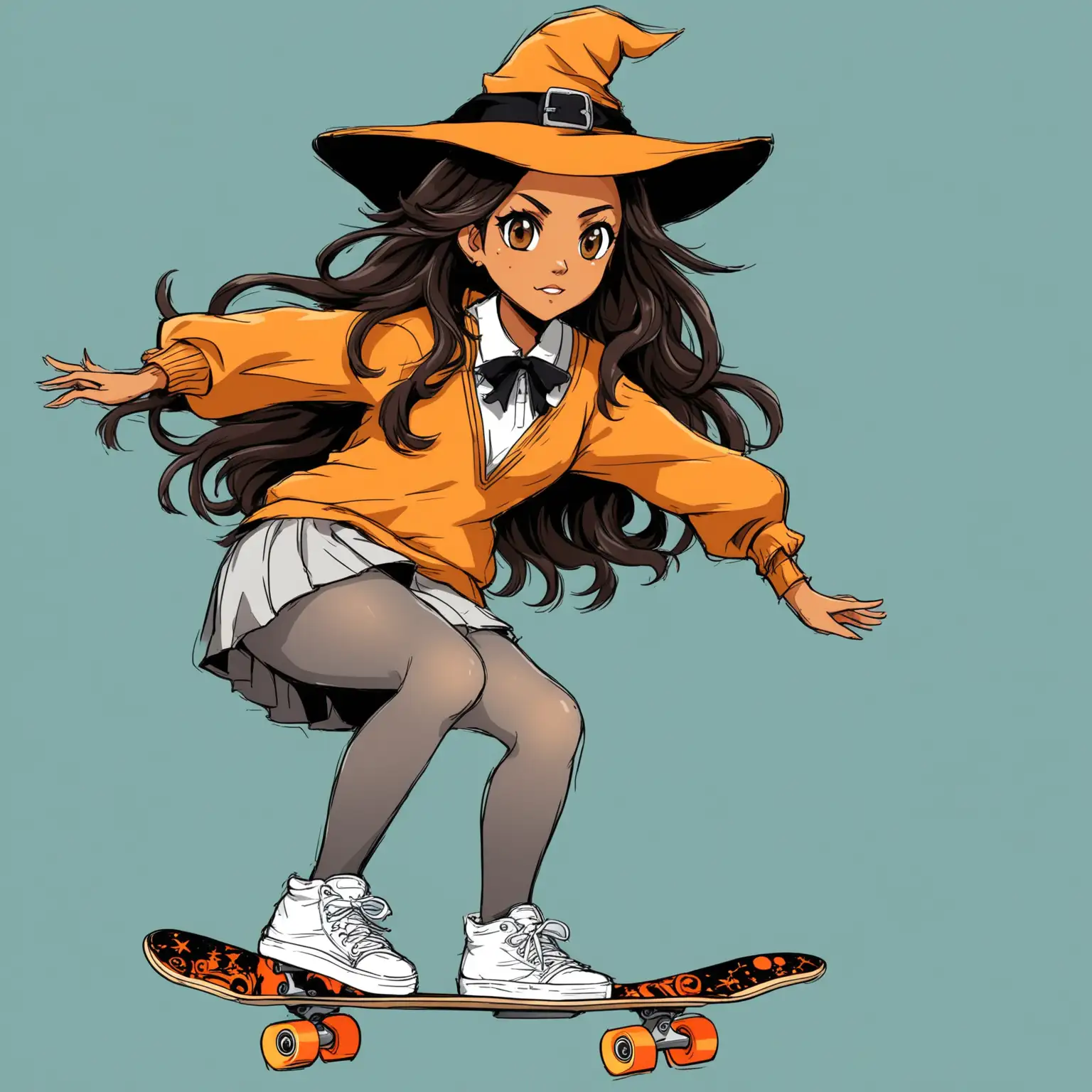 Subject: the main subject of the image is a stylish, anime woman. Costume and appearance: Latina witch in her mid-twenties. She is tanned. She has dark brown, Wavy, shoulder length hair. She is wearing a schoolgirl outfit. She is wearing sheer and gray tights. She has Brown eyes. She is wearing skateboard shoes. Style/coloring: THe image may showcase vibrant colors to highlight her personality and fashion-forward style. Background: The background could be a long hill. Action: The woman is skateboarding Items: none