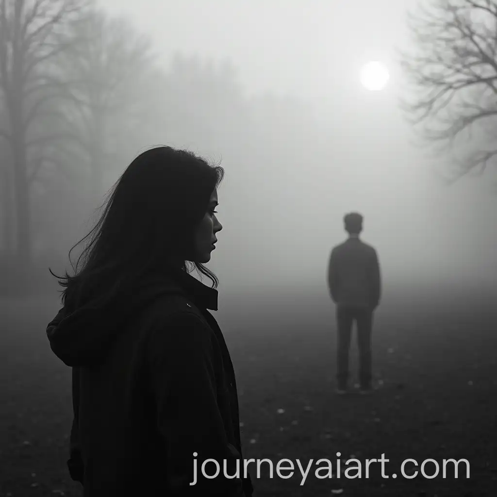 Sad-Woman-Gazing-at-Distant-Boy-in-Misty-Landscape-Black-and-White
