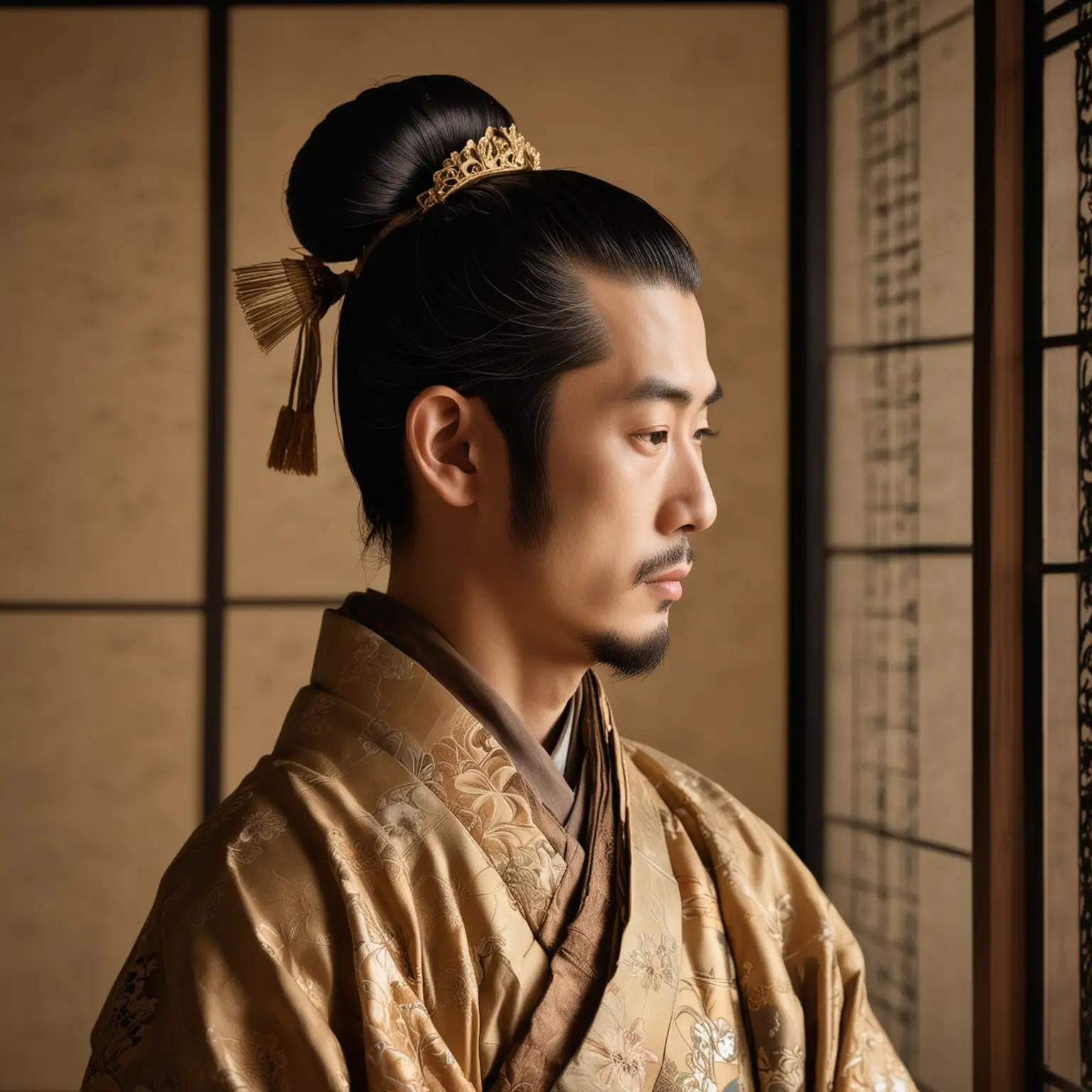 Side view of a medieval Japanese emperor in a dusty bronze imperial ceremonial kimono, looking at the camera. His hair is pulled back into a bun on top, tied with a modest leather cord. Close-up view. In the background is a partition made of transparent or translucent paper attached to a wooden frame. Pleasant semi-darkness.