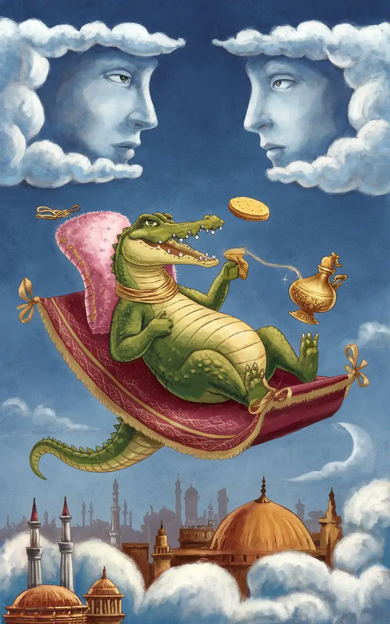 Crocodile-Flying-on-Golden-Carpet-with-Oriental-Skyline-and-Cake