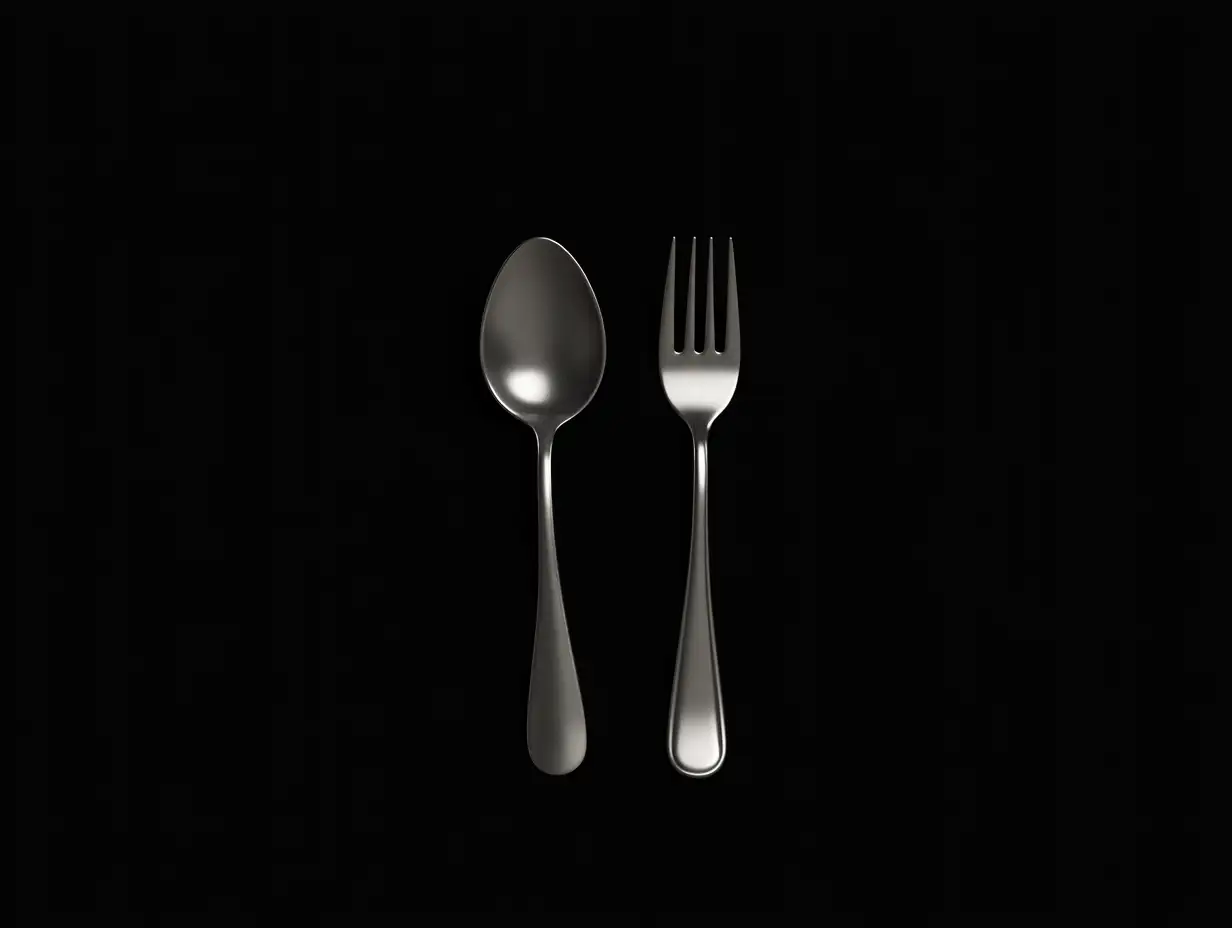 Hyperrealistic-Overhead-View-of-Polished-Spoon-and-Fork-on-Black-Background