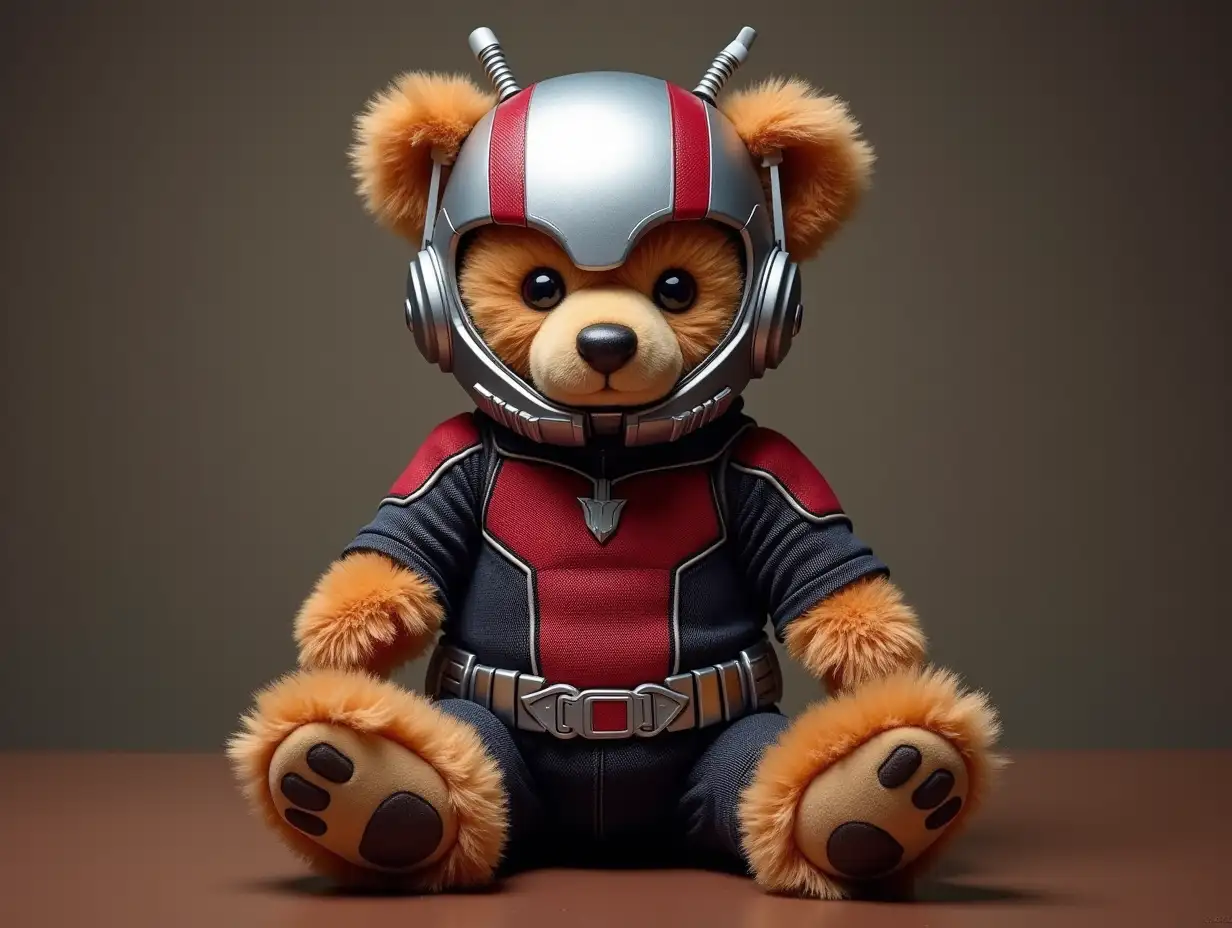 Create a digital photo of a teddy bear with an Ant-Man costume