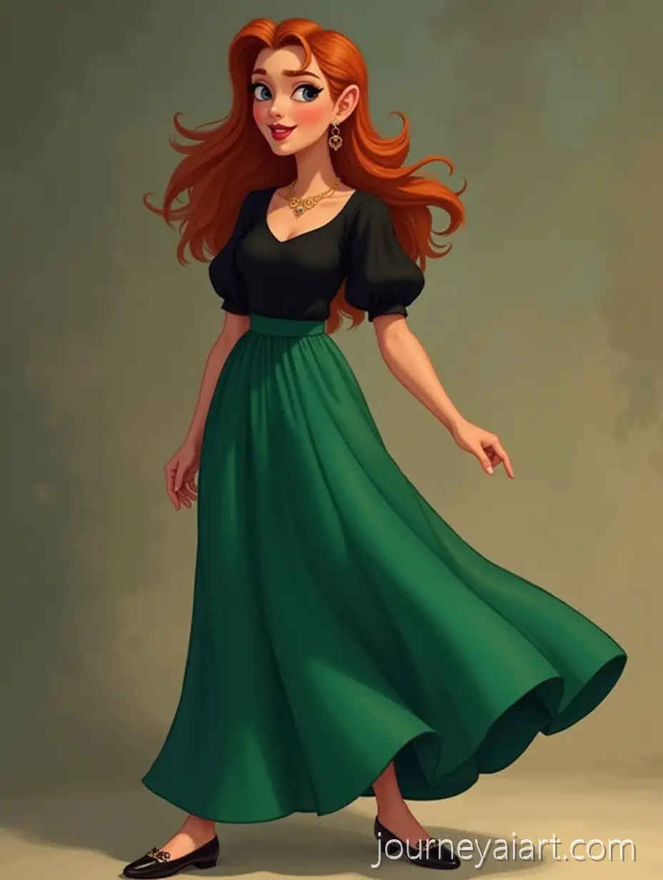 Woman-in-Black-Top-and-Green-Maxi-SkirtAI-Image-Prompt-Expansion-in-Classic-Disney-Style