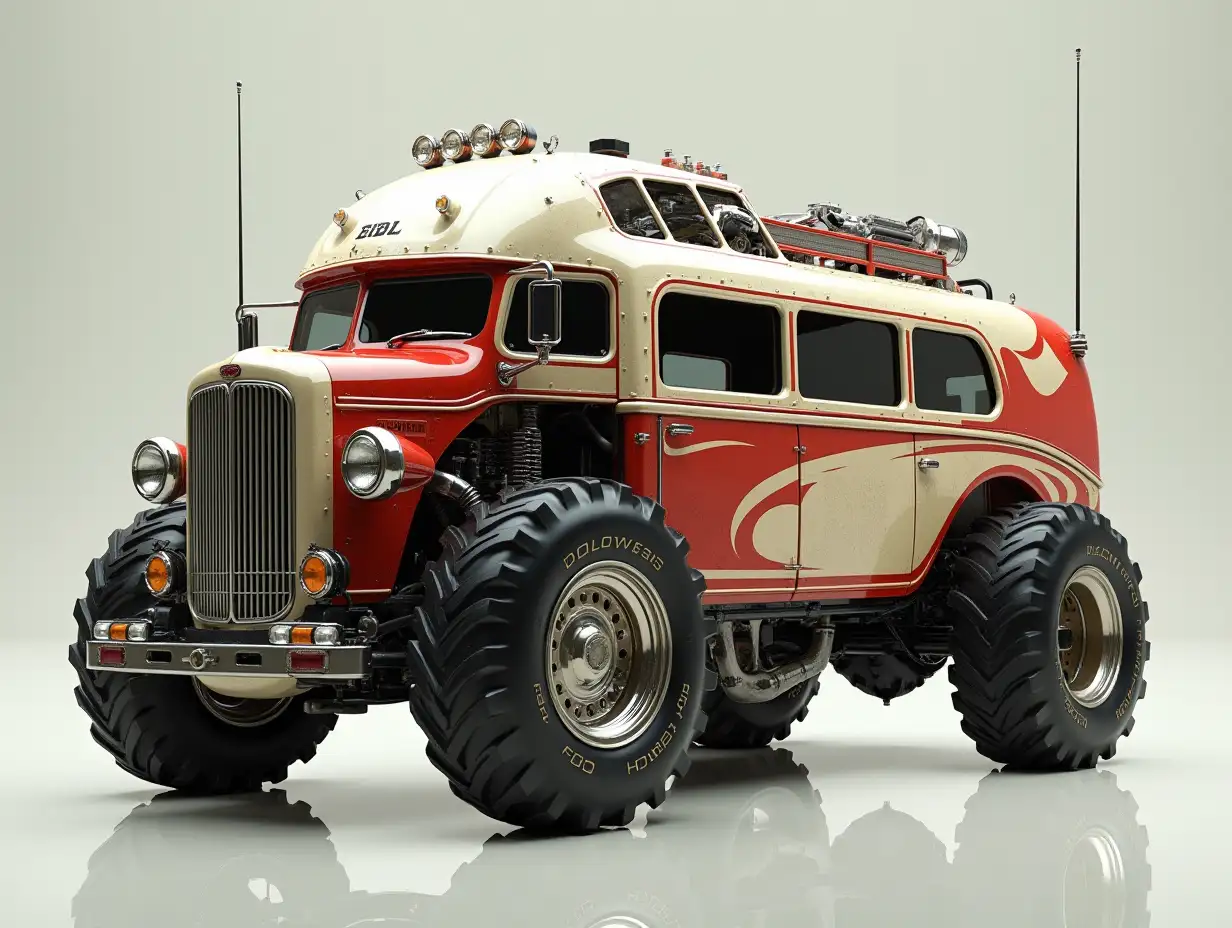 Supermodern utopian sports bus lowered body with skull, aluminum wheels, wide cream tires, cream red, black cyberpunk