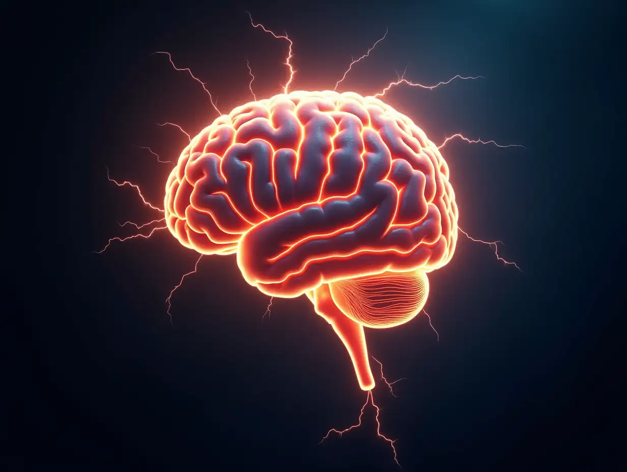 A glowing human brain with electric currents surrounding it, emphasizing the power it holds. The brain is shown as an artistic, glowing structure with small sparks of electricity radiating outward.