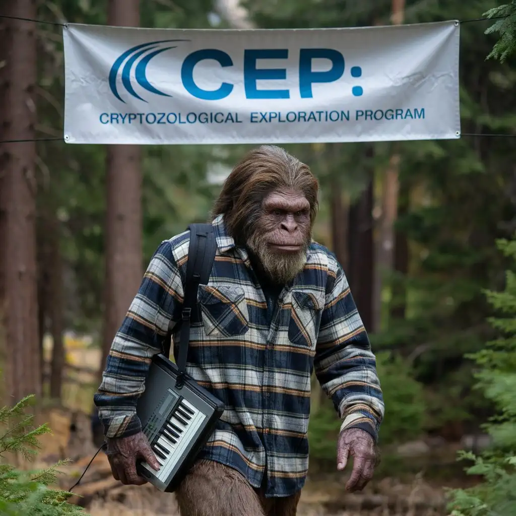 Bigfoot wearing a plaid flannel shirt, carrying a computer keyboard, walking through a forest with a banner 'CEP: Cryptozoological Exploration Program'