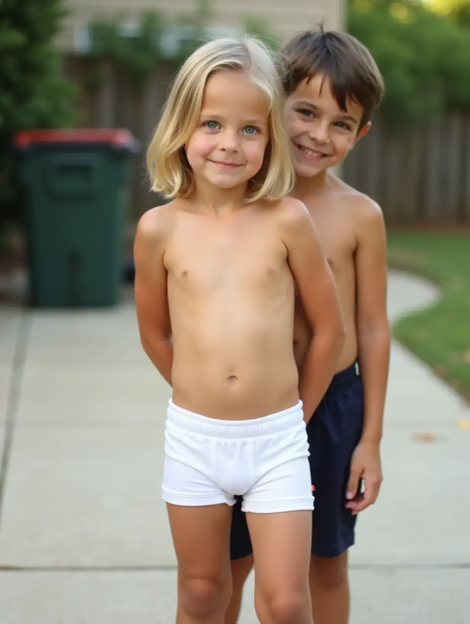 Young-Siblings-Playing-Together-on-Driveway-with-Blue-Sky