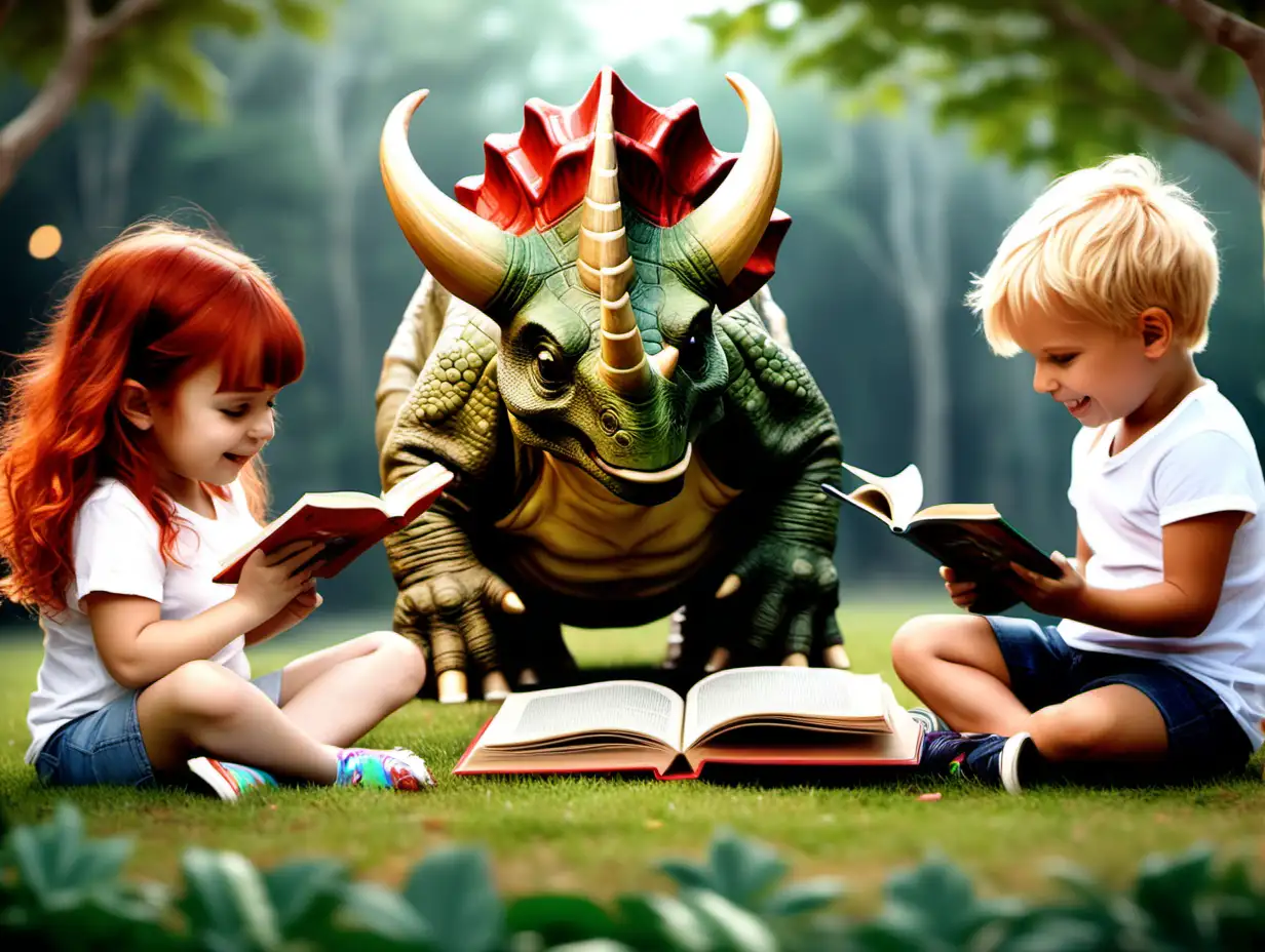 Triceratops Playing with Children Reading Books