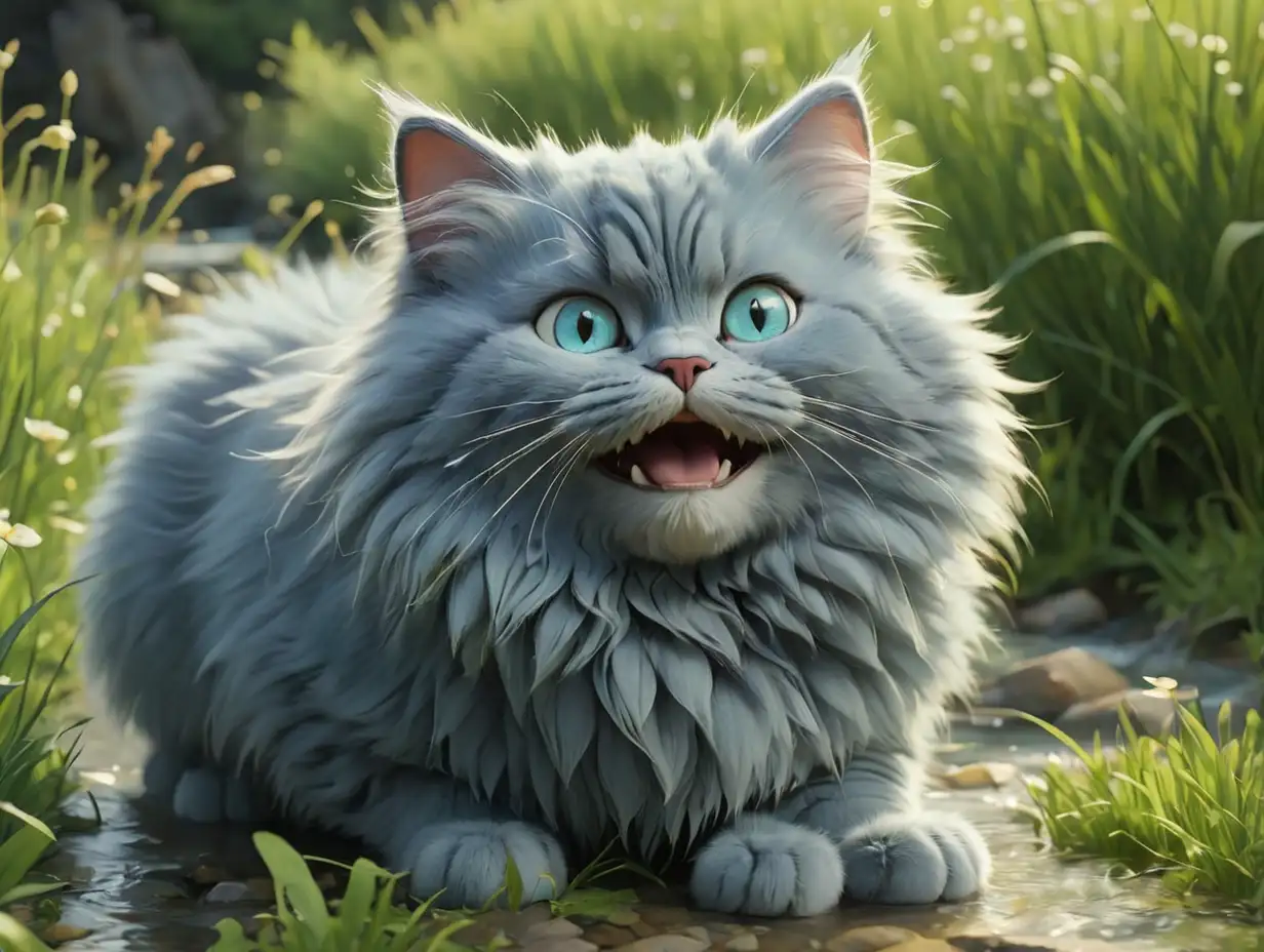 wide-angle view, side view of A fluffy blue cat with a cute face, set against the backdrop of a green meadow with a stream flowing through, 3d disney inspire