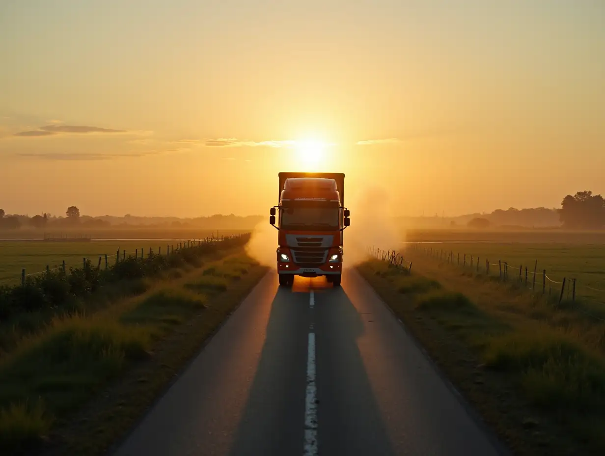 Truck driving on asphalt road along the green fields in rural landscape at sunset