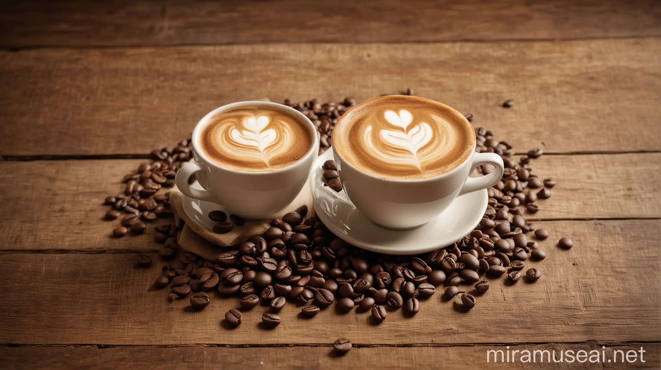 Sophisticated Latte Art on Rustic Wooden Table in Modern Coffee Shop