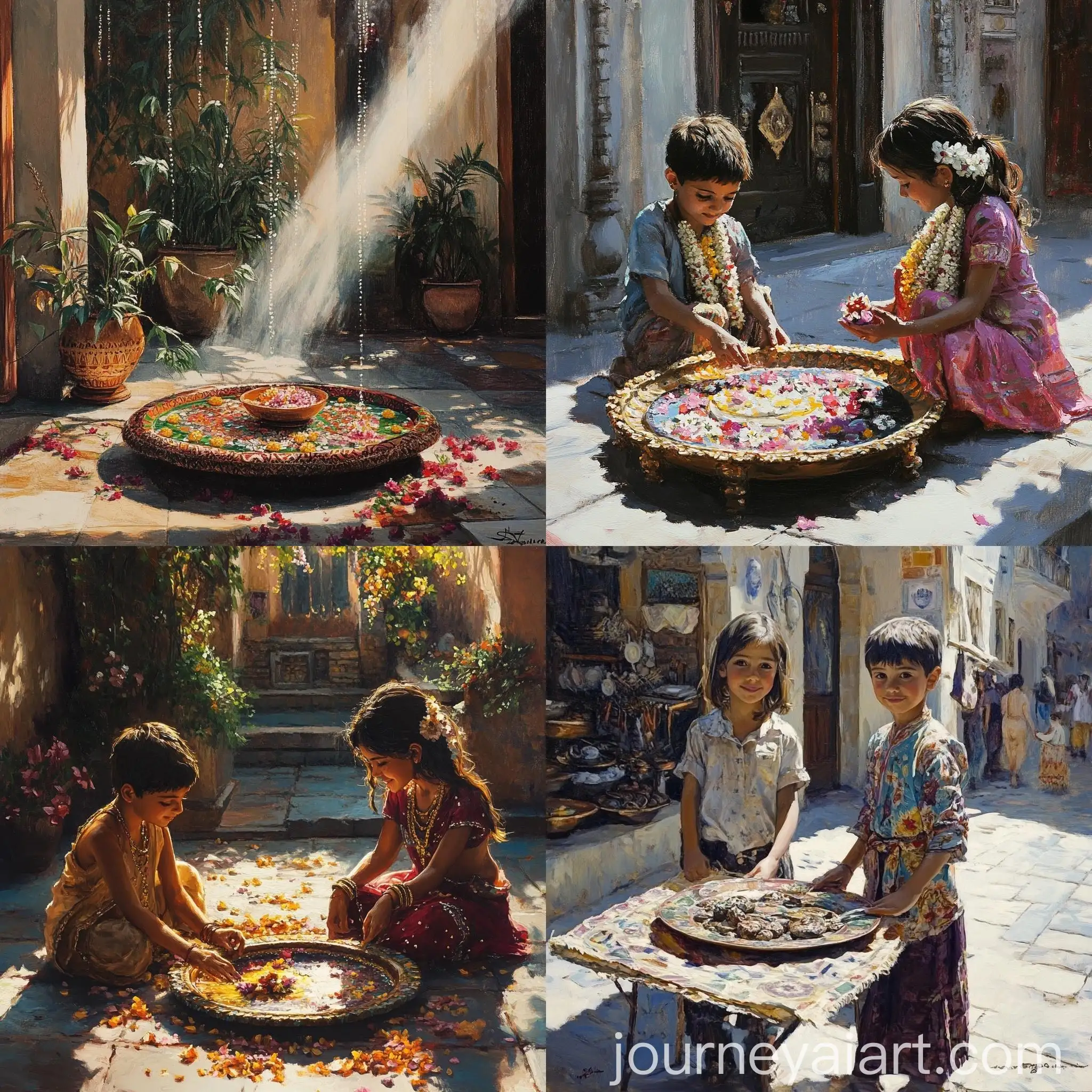 Sunlit-Courtyard-with-Siblings-and-Decorated-Tray