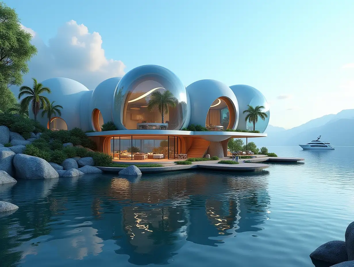 A futuristic multi-story house made of many holen lit glass balls and wood lies on the water,many plants and trees, blue sky, bright environment, mountains and a yacht in the background, colorful 8k quality