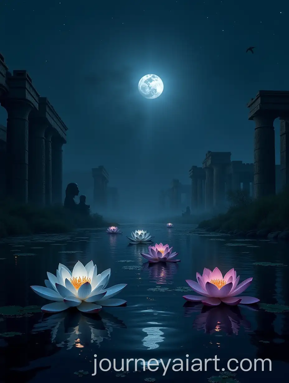 Moonlit-Nile-River-with-Lotus-Flowers-and-Ancient-Egyptian-Ruins