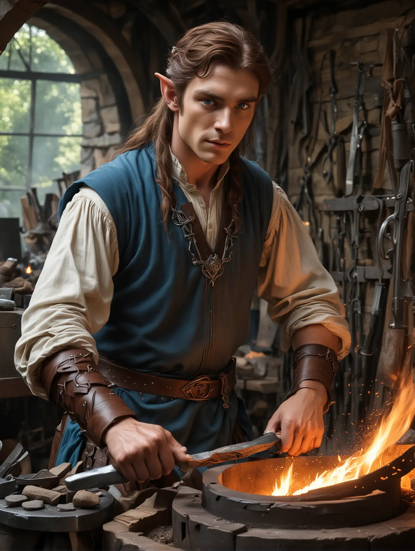 Elven Blacksmith Crafting in a Fiery Forge