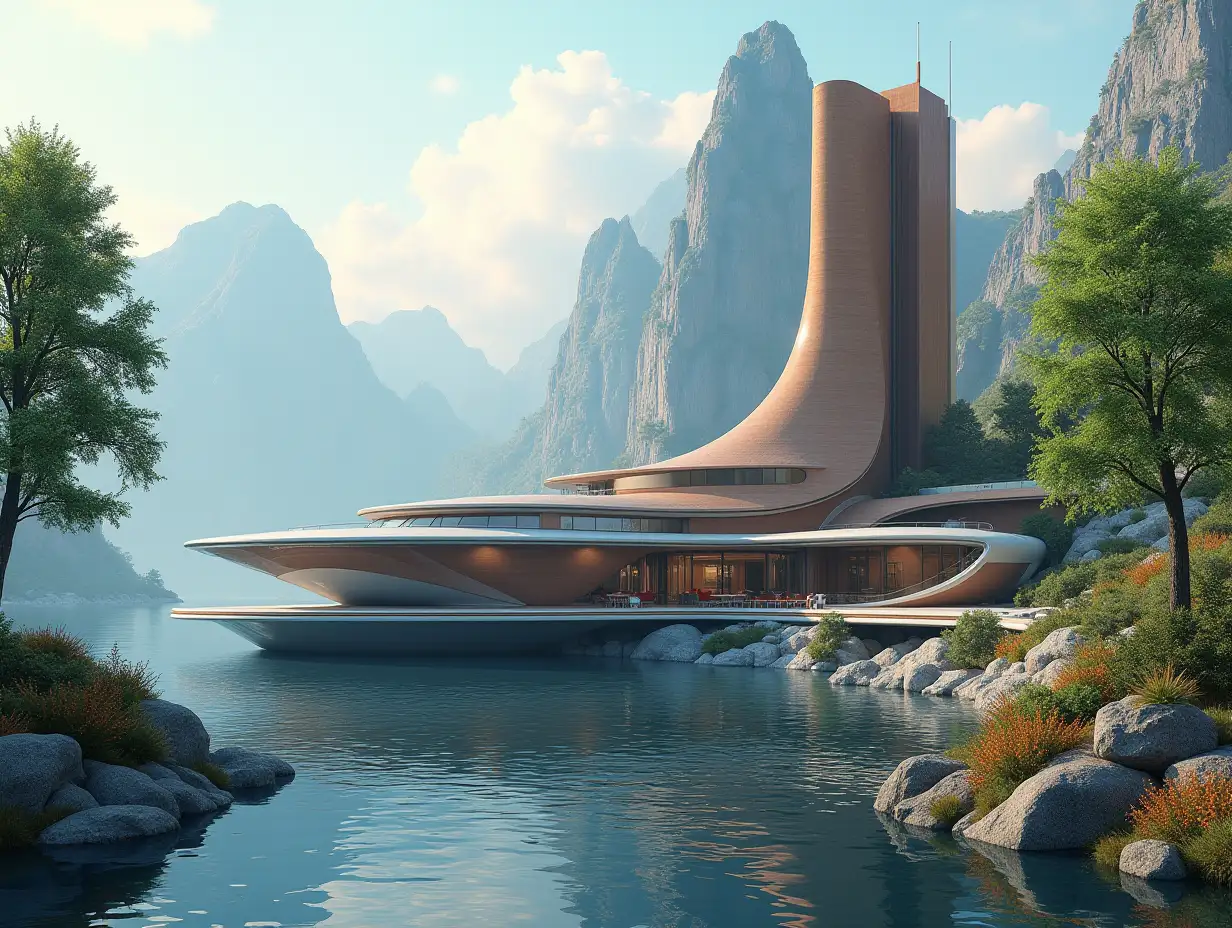 Create a high-resolution realistic image in 4k resolution of a futureistic brown building with white lines, mountains, large trees, rocks, flowers, a futureistic big boat with glass window and cloudy sky