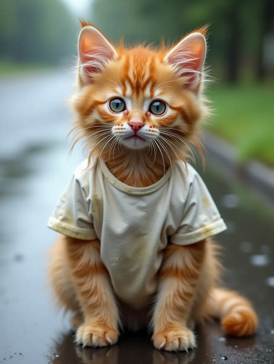 A wet and disheveled orange Angora kitten wearing a dirty, torn, and ugly plain white shirt. Its fur is tangled and soaked. The background shows a rainy, waterlogged roadside.