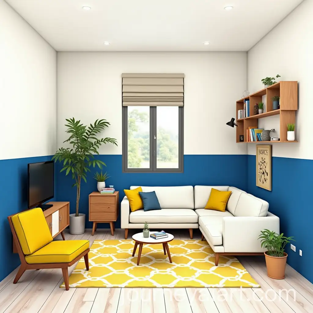 Cozy-Modern-Living-Room-with-Cobalt-Blue-Walls-White-Corner-Couch-and-Yellow-Armchair