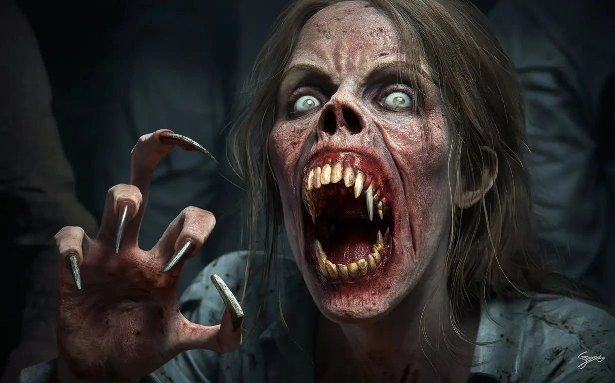 A terrifying of ugly, rotten zombie women creatures opened mouths with sharp row teeth stretches out their long- pointed fingernailed like claws hands, Hyperrealism, cinematography, high detail, photorealistic, high quality, photorealistic, aggressive, gloomy atmosphere, realism, minute details, detailed nails, horror, atmospheric lighting, full anatomical study, photorealism, detail, texture, gloomy, frightening, night scene, tense, creepy, undead, creepy, sinister, atmospheric lighting, nightmare, grotesque, horror, realistic anatomy, the close up