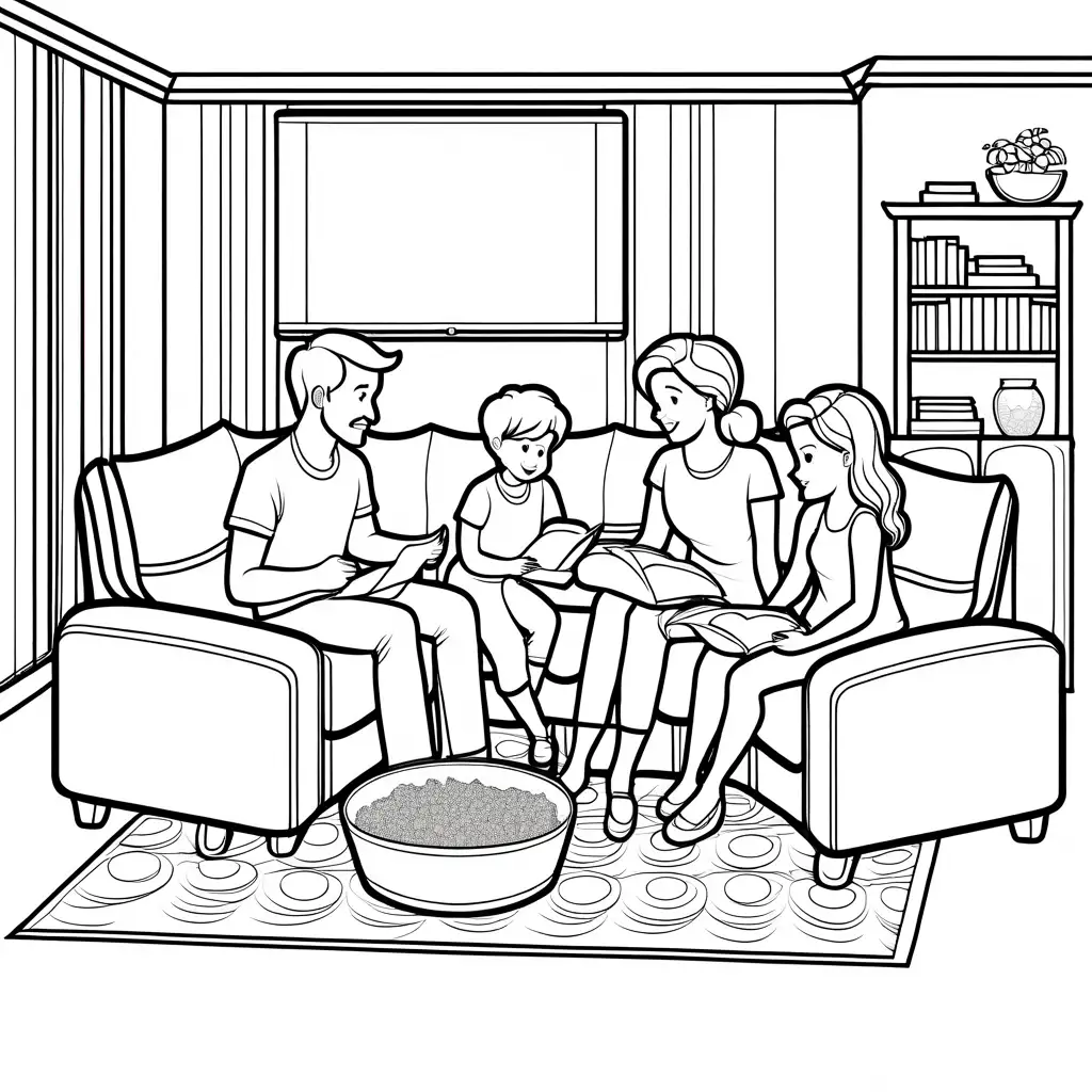 Coloring-Page-for-Family-Movie-Night-Simple-Line-Art-on-White-Background