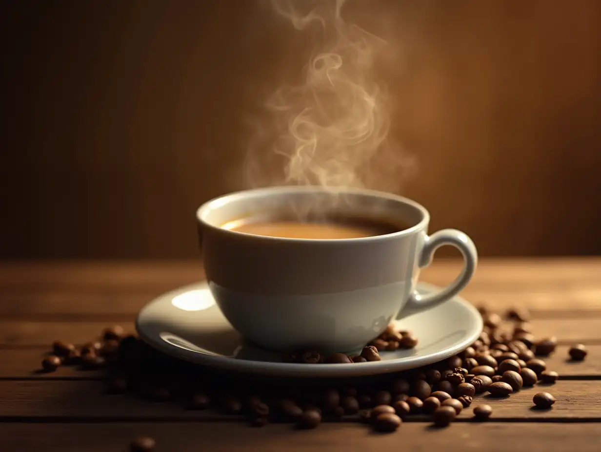 Cozy-Coffee-Scene-with-Steaming-Cup-and-Coffee-Beans