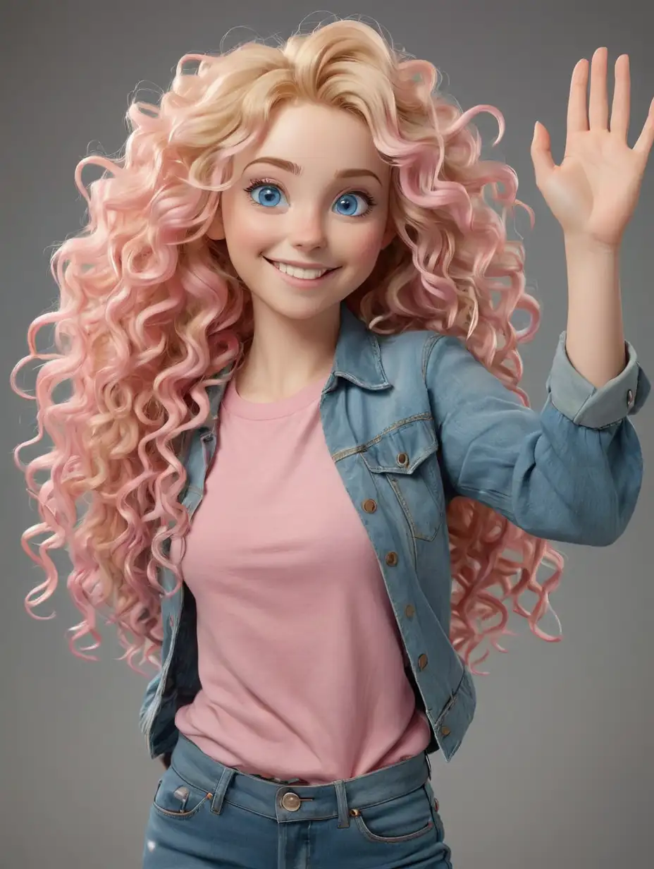 Cheerful-Young-Woman-Waving-Greeting-in-Blue-Jeans-and-Pink-Highlights